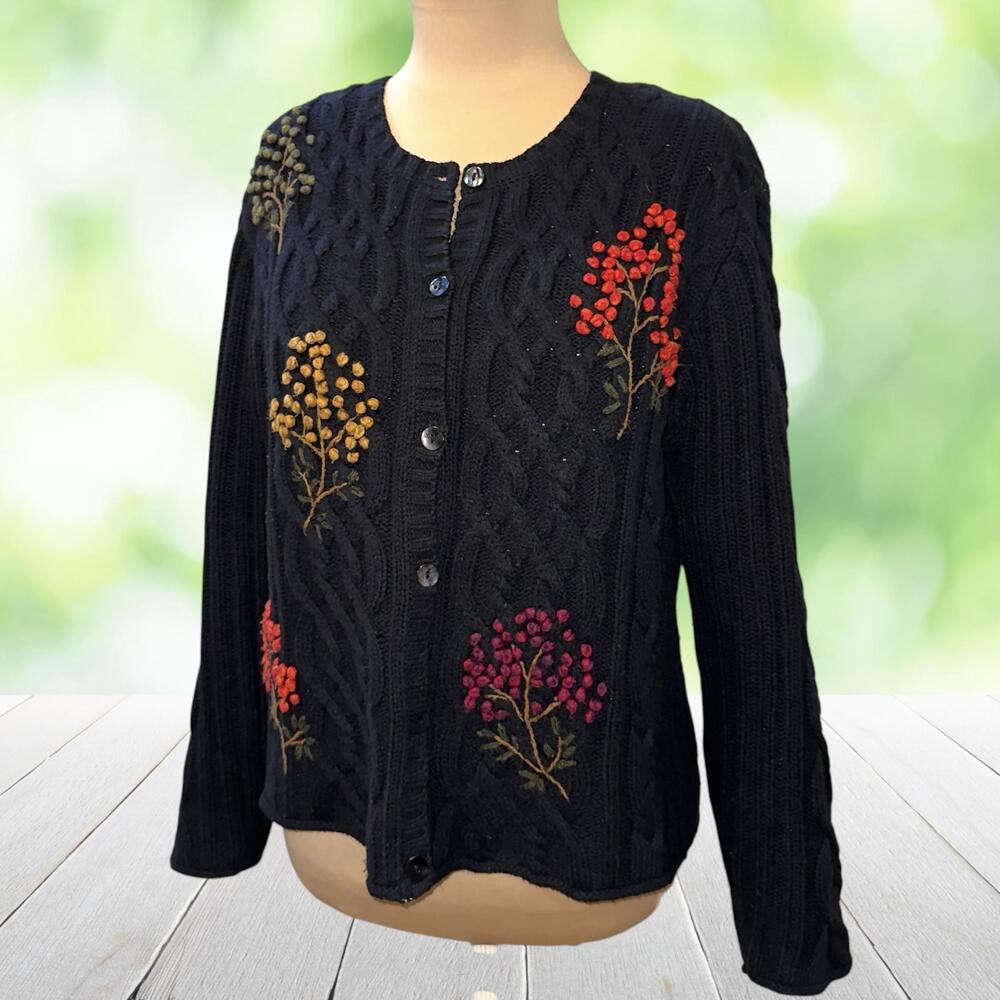 Vintage MARISA CHRISTINA Hand Embroidered Cable Knit Cardigan Floral Berry Sz M